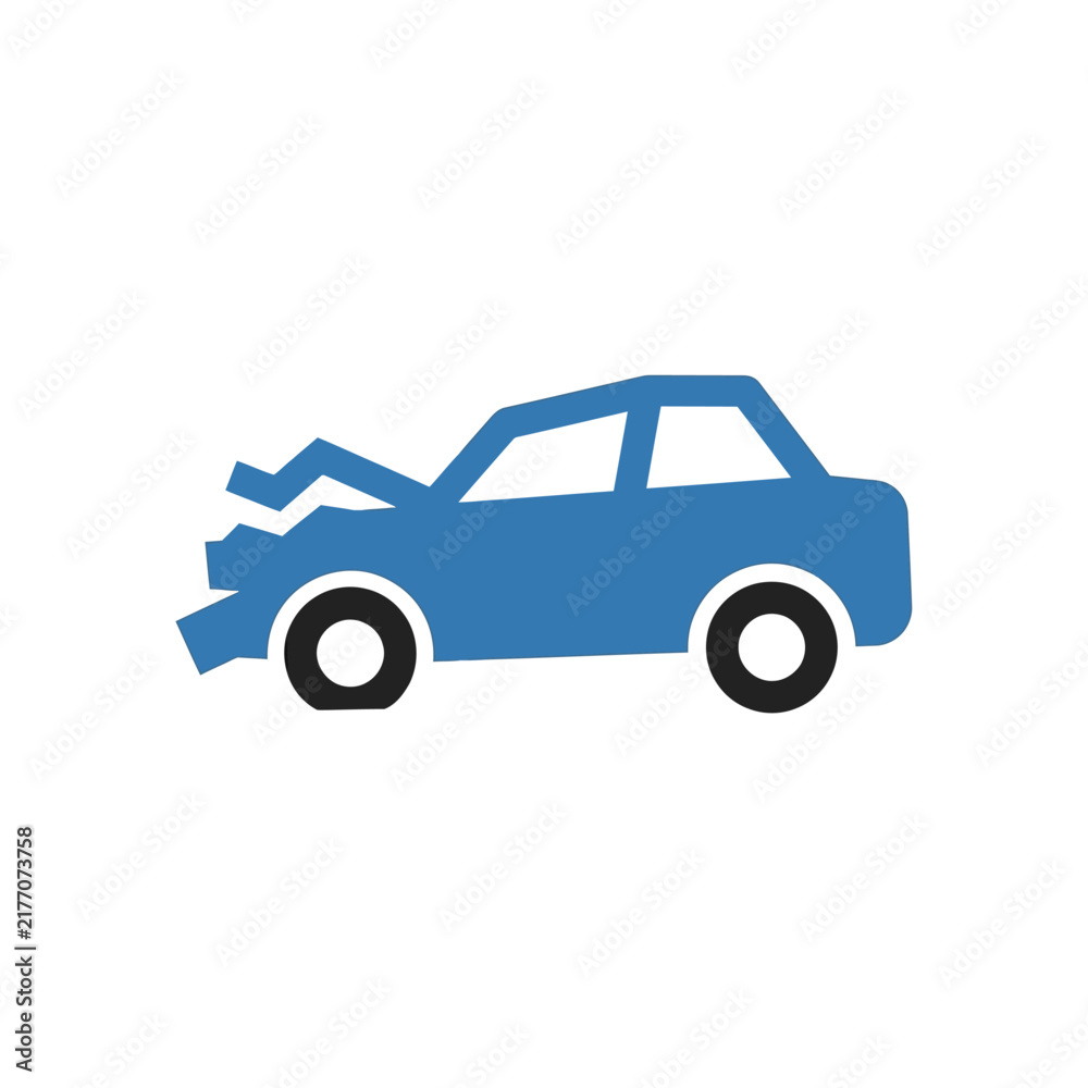 Naklejka premium Minimalist flat vector illustration of a damaged crashed car after road accident collision, isolated on white background