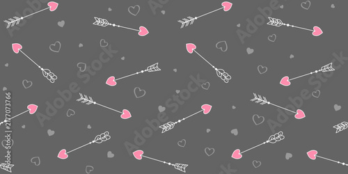 Cute white arrows with a pink heart‑shaped tip on a gray background with small hearts. Valentine's day and wedding endless texture with love theme. Vector seamless pattern for wrapping paper, printing