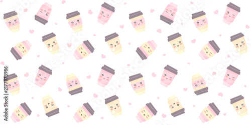 Light pink and light yellow coffee cups with lids and funny faces on a white background with small hearts. Endless texture with paper kawaii cups. Vector seamless pattern for surface texture, printing
