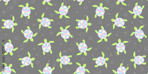 Cute green turtles with colorful shells on a gray background with bubbles. Kids endless texture with a marine animal. Vector seamless pattern for wrapping paper, giftwrap, surface texture and printing