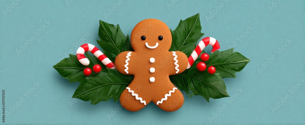 Fototapeta premium the joyful gingerbread cookie adorned with vibrant candy canes and cheerful winter holly leaves
