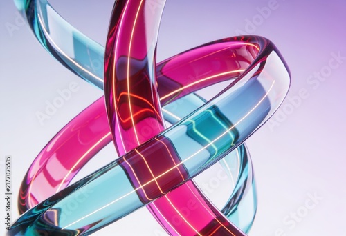 Interlocking transparent pink and blue geometric rings with reflective light effects for