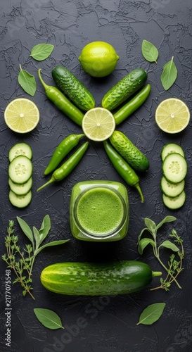 Fresh Green Smoothie Ingredients on Dark Background