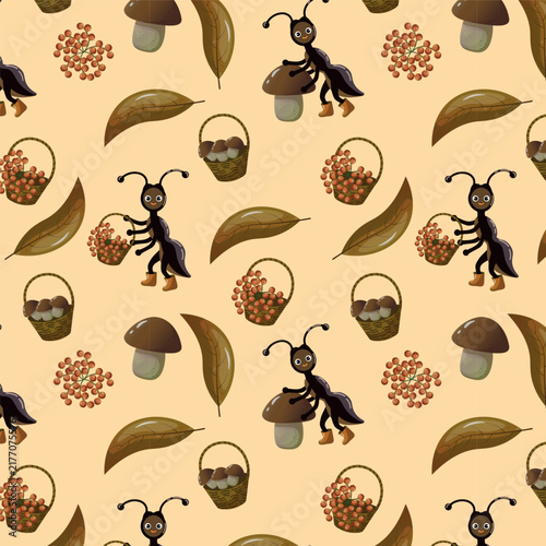 Seamless pattern on autumn motif with cartoon style ants, mushrooms, berries and leaves