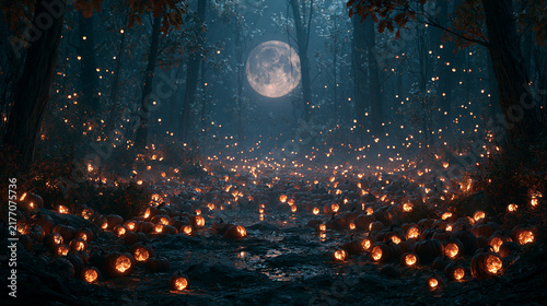 Glowing jack o lanterns illuminate dark misty forest under a bright full moon on white background