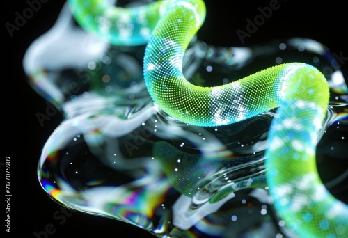 Green and black patterned snake coiled with raised head in a glass bubble studio setting