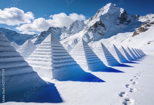 Artificial snow ramps arranged in parallel rows against stunning alpine mountain backdrop
