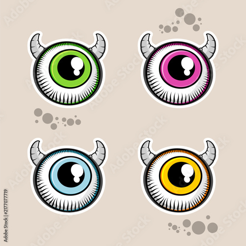Cute Horned Monster Eyeball Sticker Collection Vector Set