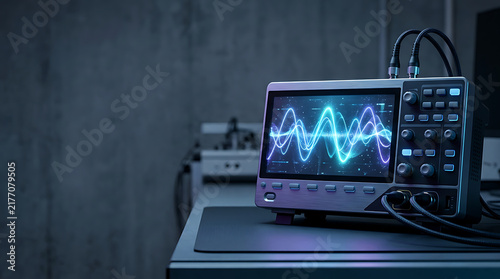 Modern digital oscilloscope measuring electronic signals and sound waves in a laboratory setting