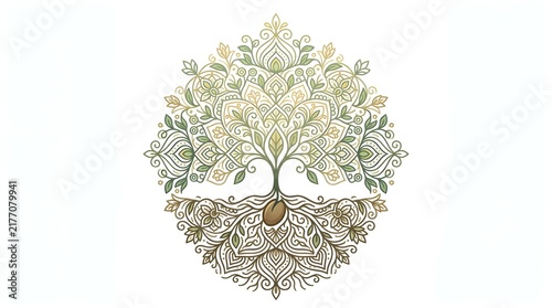 Seed Growing into Tree of Life with Ornamental Mandala Roots and Leaves