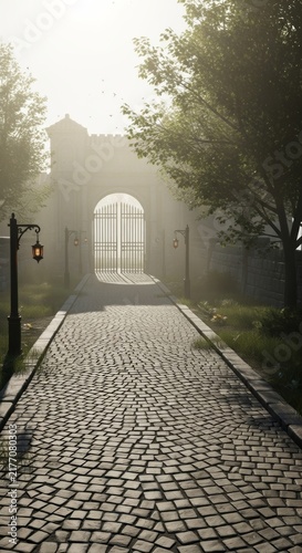 Serene Cobblestone Pathway to Sunlit Gate