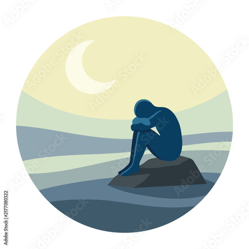 A melancholic figure sits alone on a rock beneath the crescent moon during the night reflecting on deep sadness and loneliness as the quiet atmosphere surrounds the person in a state of solitude