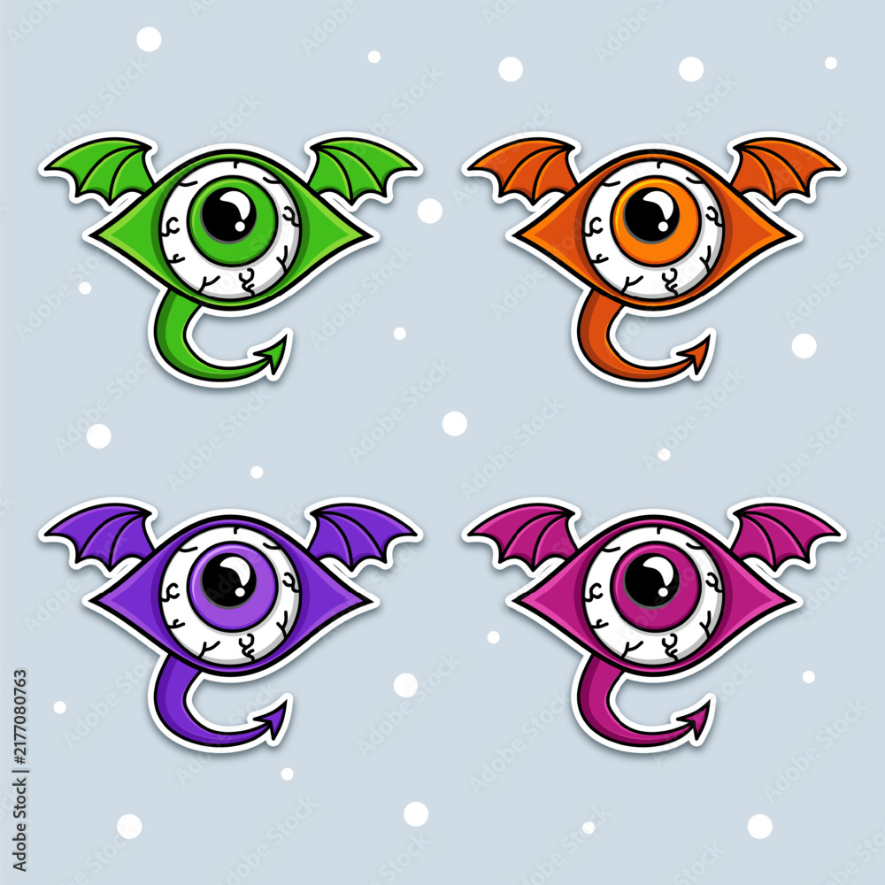 Fototapeta premium Flying Eyeball Monster Vector Set - Halloween Devil Eye Sticker Collection