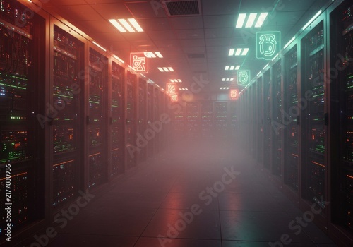 Futuristic Neon-Lit Server Room with Atmospheric Fog