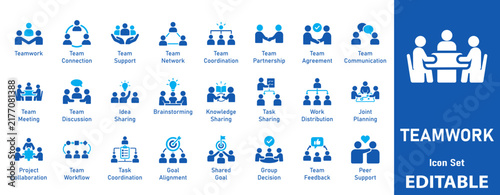Teamwork Solid icon set. Includes symbols for Brainstorming, Team Meeting, Goal Alignment, and Project Collaboration. Solid vector icons for corporate HR apps.