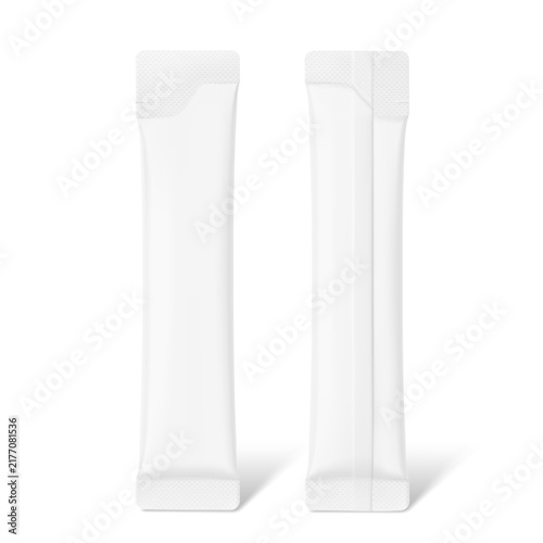 Blank stick package mockup for design, branding, presentation of  food, cosmetic, pharmacy products. Front and side views. 3D hight realistic vector illustration isolated on white background. EPS10.
