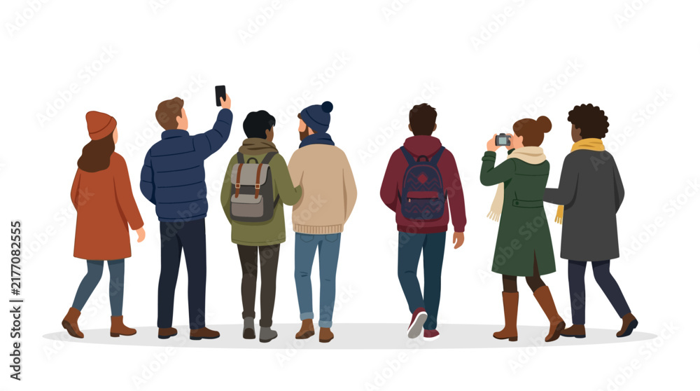 Obraz premium A group of diverse young people in winter clothing stand together while taking photographs with their smartphones against a plain white background.