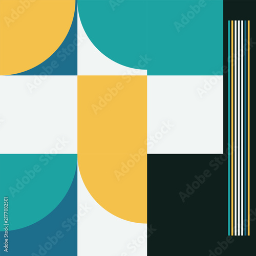Vivid balance abstract artwork with orange yellow and blue geometric shapes.