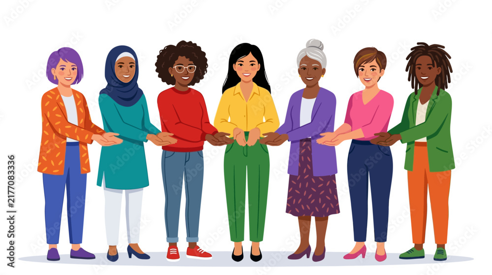 Fototapeta premium A diverse group of five women from various ethnic backgrounds and ages stand in a row, holding hands to symbolize unity and cooperation in a flat vector illustration style.