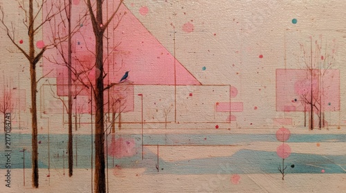 Soft pink winter art scene featuring abstract triangle trees and rectangles, creating a serene atmosphere perfect for Christmas and New Year celebrations with copy space