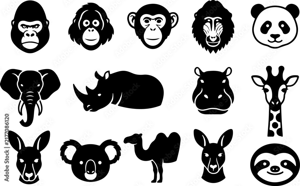 Fototapeta premium Set of exotic zoo animal silhouette icons solid black vector art with animal silhouettes