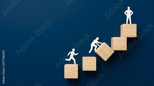 Three minimal white figures on descending wooden blocks illustrating career progression team development and overcoming challenges in business