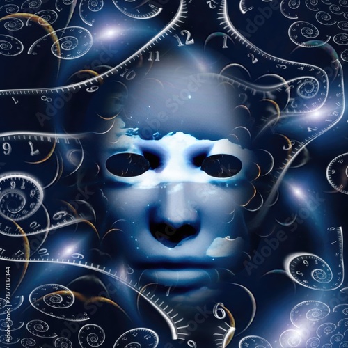 Surreal Face with Spiral Clocks and Starry Sky