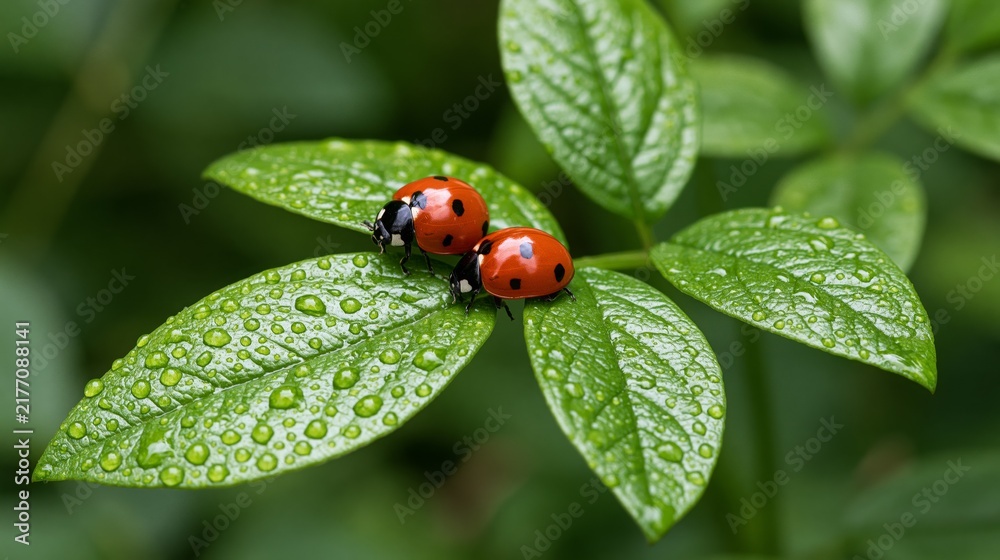 Fototapeta premium Two ladybugs on wet green leaves in a garden 