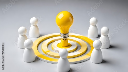 Yellow lightbulb in center of dartboard target surrounded by white figures representing successful team brainstorming and creative strategy