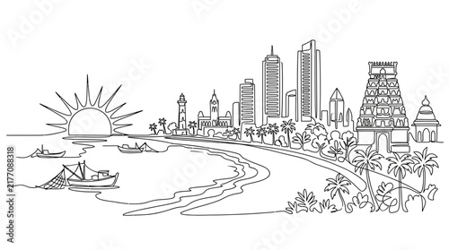 Continuous Line Drawing of Chennai City Skyline and Beach