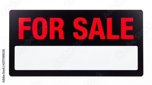 Rectangular black sign featuring bold red text displaying for sale message isolated on white background