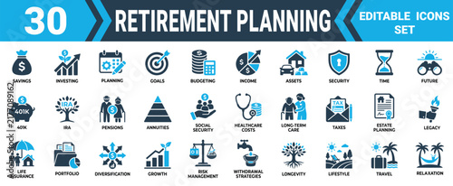 Foto Set of 30 retirement planning icons representing savings investing goals and financial future security concepts Minimal solid fill icon set bundle collection