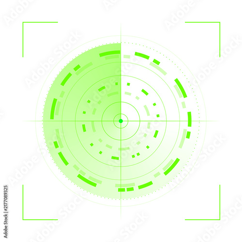 Fotografie Green electronic search interface with circular range scale, glowing object signals and precision tracking details