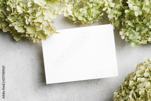 Blank wedding invitation or greeting paper card mockup on light grey textured background with green hydrangea flowers decor, floral flat lay with copy space