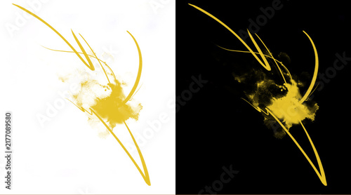 Golden abstract brush strokes, elegant yellow paint splash illustration, luxury artistic ink swirls on black and white backgrounds