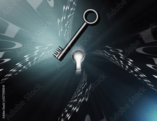 Metal Key Approaching Glowing Keyhole with Digital Matrix