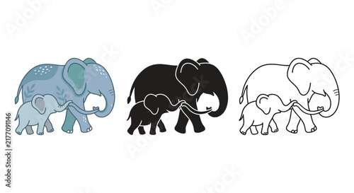 Elephant family illustration set includes color silhouette and line art versions