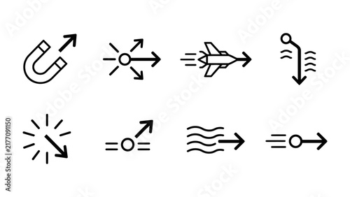 Bild auf Leinwand Set of Vector Icons: A collection of stylized vector icons representing concepts like attraction, direction, speed, power, and momentum, presented in a clean, modern design