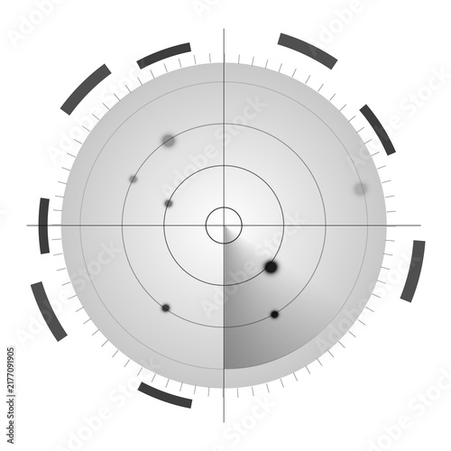Foto Monochrome black radar display with radial grid, scanning area and precision target indicators