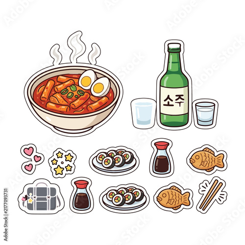 Korean Street Food Vector Sticker Pack with Tteokbokki and Soju on White Background. Bold Flat Korean Ramen and Tteokbokki Food Illustration Collection.