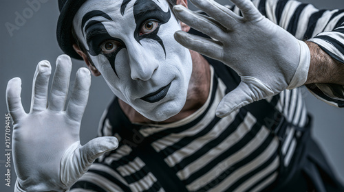 Close Up Portrait Of A Mime Posing With Gloved Hands