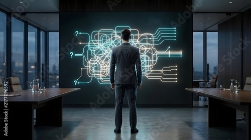 Businessman Strategic Thinking and Problem Solving in Modern Office Boardroom Analyzing Complex Glowing Digital Diagram