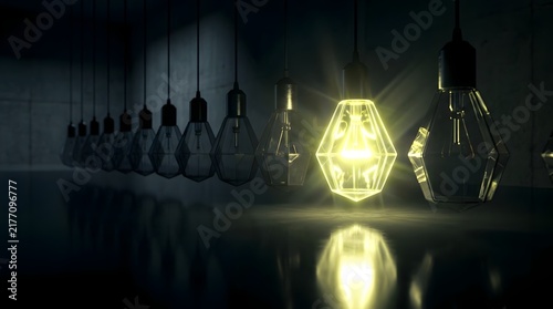 One Glowing Geometric Light Bulb Standing Out in a Row of Dark Bulbs, Leadership and Innovation Concept