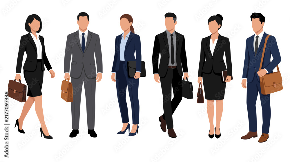 Obraz premium Professional vector collection featuring different American men and women wearing Office Siren fashion, fitted blazers, pencil skirts, tailored trousers, button-up shirts, slim ties, pointed heels