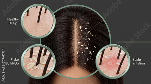 Dandruff and scalp condition diagram. Visual comparison of healthy scalp flake build-up and scalp irritation on dark hair. Infographic for hair care