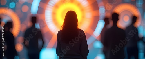 Silhouette of a person standing before a large futuristic glowing display screen filled with vibrant orange and blue circular patterns, representing modern technology, innovation, and digital data con