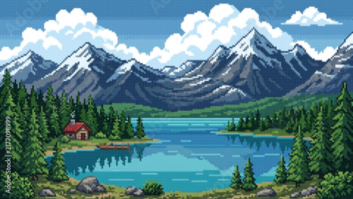Pixel Art Cozy Cabin Mountain Lake Landscape, Serene Mountain Lake Cabin Pixel Art Landscape