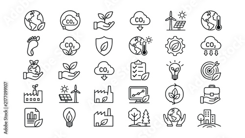 Set of thin line ecological icons representing sustainability environmental protection and green energy solutions
