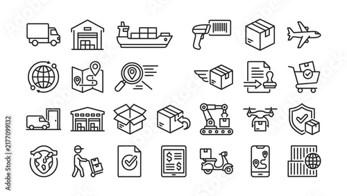 Set of thin line logistics and delivery icons for ecommerce and supply chain management
