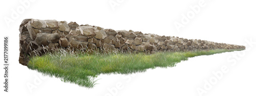 old wooden fence/Sharp detailed stone wall with lush green grass, isolated on a clean white background.